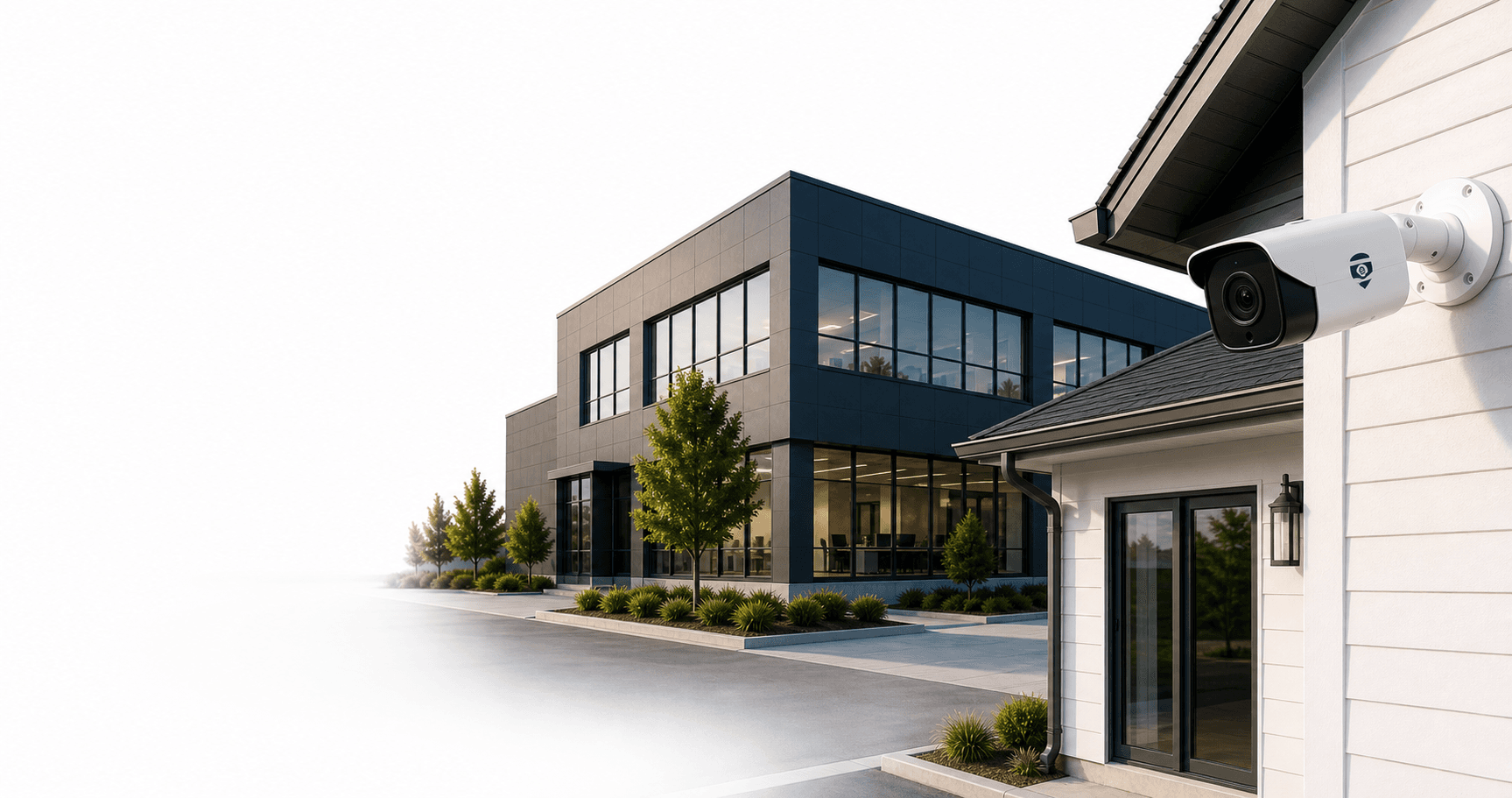 Modern commercial building and residential exterior with a visible security camera installation.