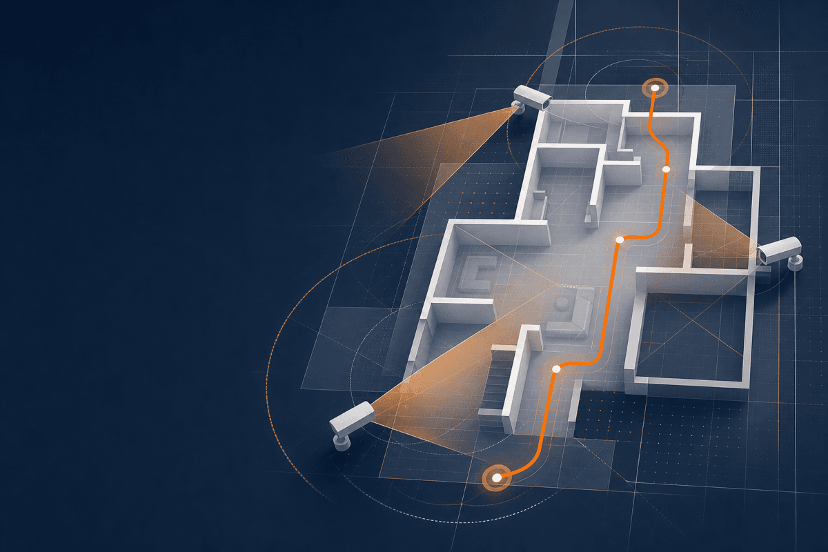 Abstract security camera planning diagram with property coverage paths