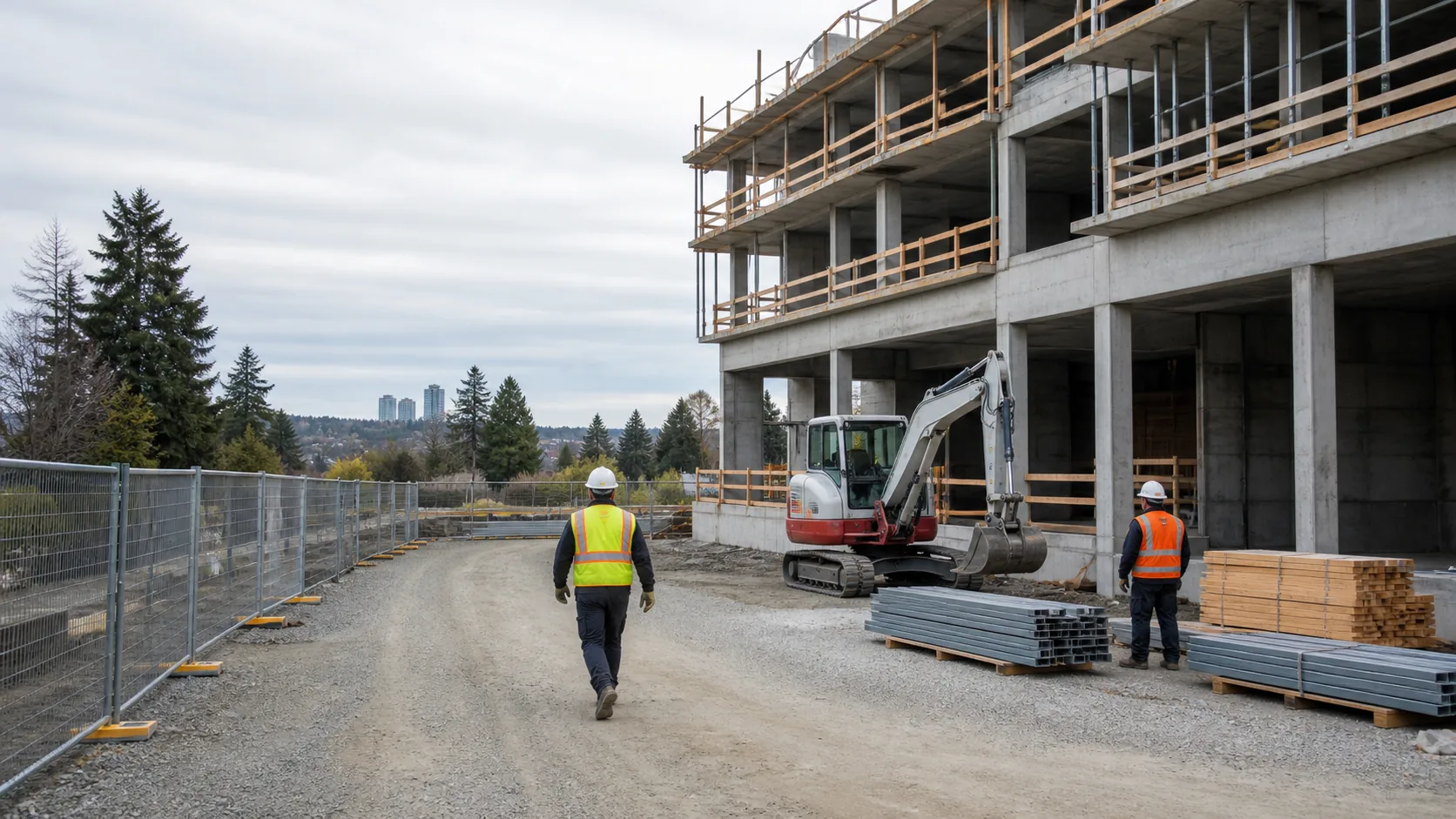 Active construction site with workers, equipment, and staged materials