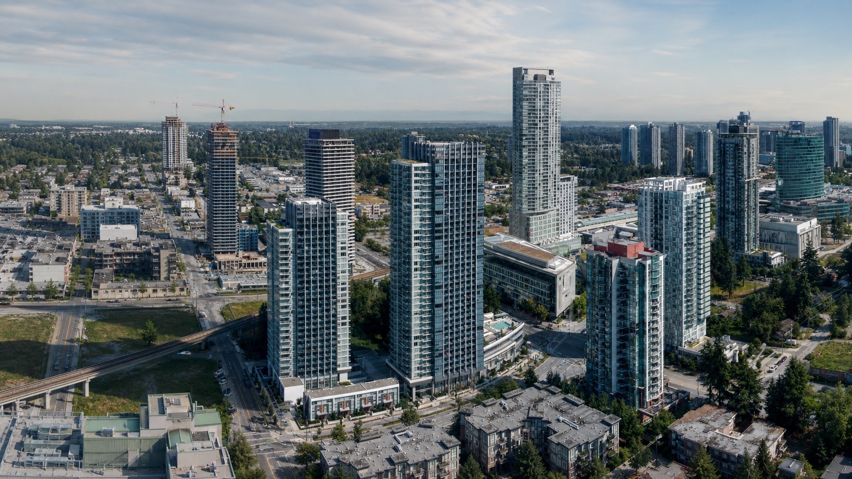 Surrey City Centre with high-rise towers, streets, construction, and the elevated SkyTrain guideway